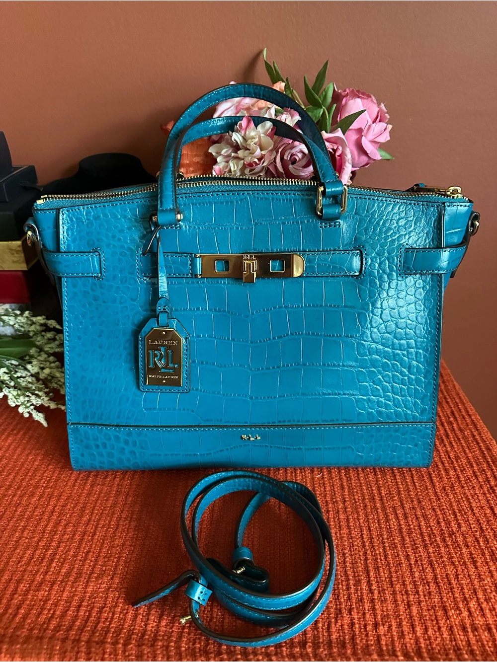 Ralph Lauren Turquoise Croc-Embossed Satchel with Gold Hardware - Picture 16 of 16